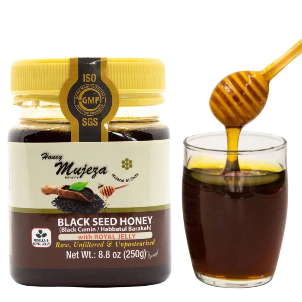 Black Seed Honey with Royal Jelly - Not Mixed with Oil or Powder - Gluten Free - Non GMO - Organic Honey - Immune Booster - 100% Natural Raw Honey (250g /8.8oz)