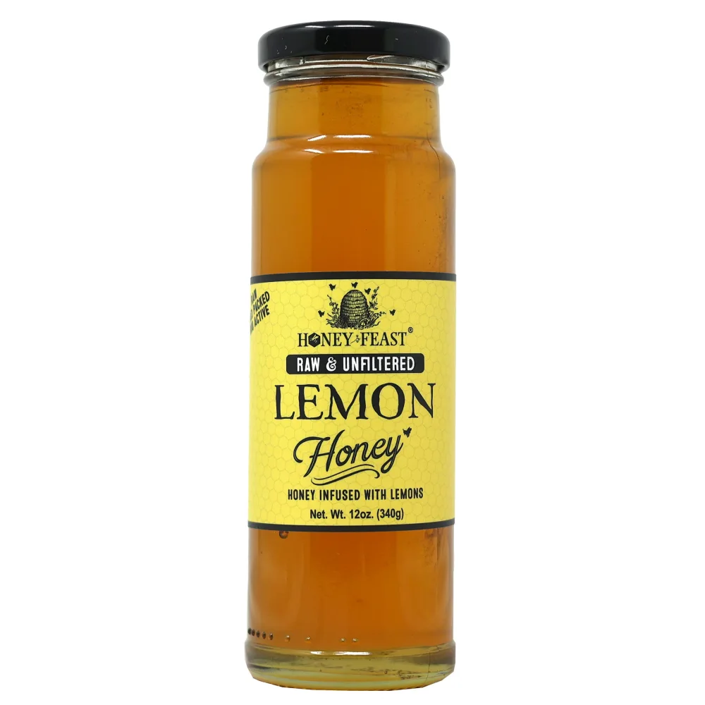 HONEY FEAST Organic Lemon Infused Honey - Raw and Cold Packed - 12 Ounces - Small Batch Beekeeper Honey