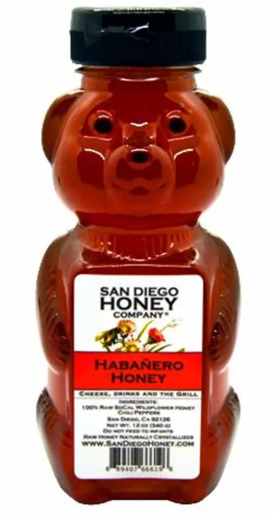 HOT HABANERO HONEY by San Diego Honey Company - 12 oz Honey Bear, Raw Honey infused with Habanero Chili Peppers