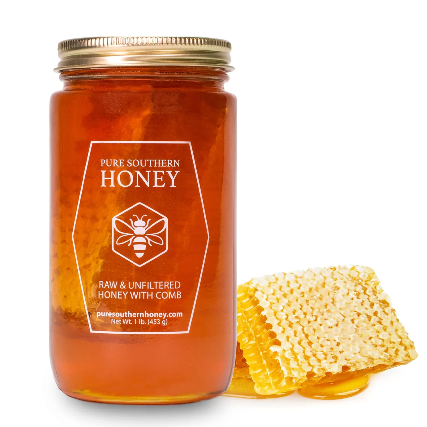 100% Raw Unfiltered Honey With Honeycomb by Pure Southern Honey [1lb] - Authentic, USA - Made Gallberry Honey - Pure Unheated Honey - Non - GMO, Unsweetened, Sugar - Free, Real American Honey With Comb