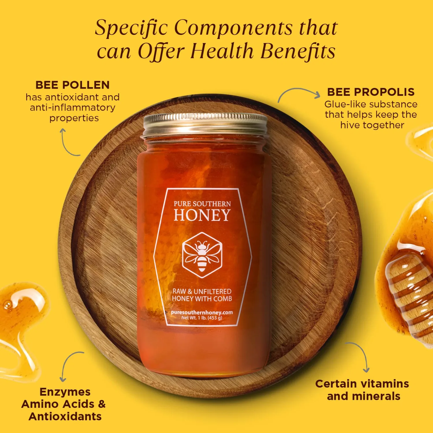 100% Raw Unfiltered Honey With Honeycomb by Pure Southern Honey [1lb] - Authentic, USA - Made Gallberry Honey - Pure Unheated Honey - Non - GMO, Unsweetened, Sugar - Free, Real American Honey With Comb