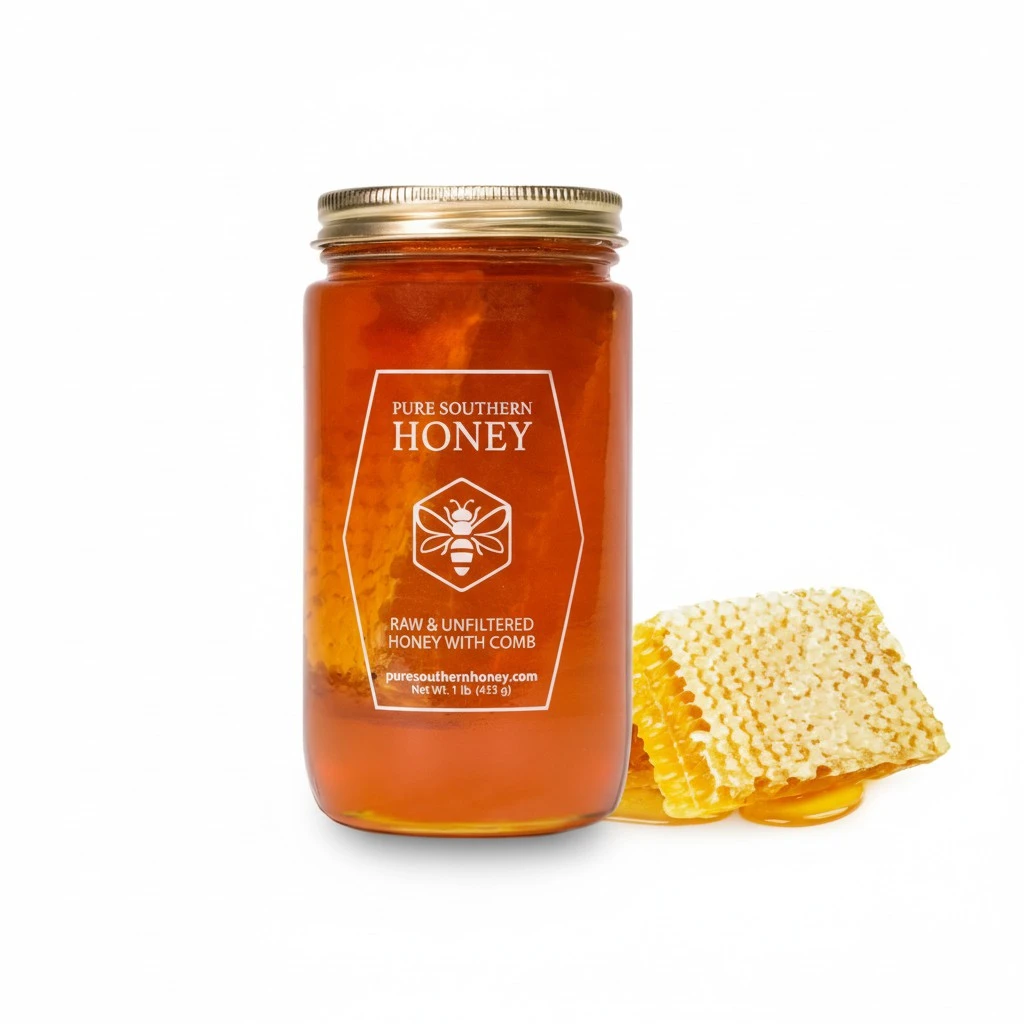 100% Raw Unfiltered Honey With Honeycomb by Pure Southern Honey [1lb] - Authentic, USA - Made Gallberry Honey - Pure Unheated Honey - Non - GMO, Unsweetened, Sugar - Free, Real American Honey With Comb