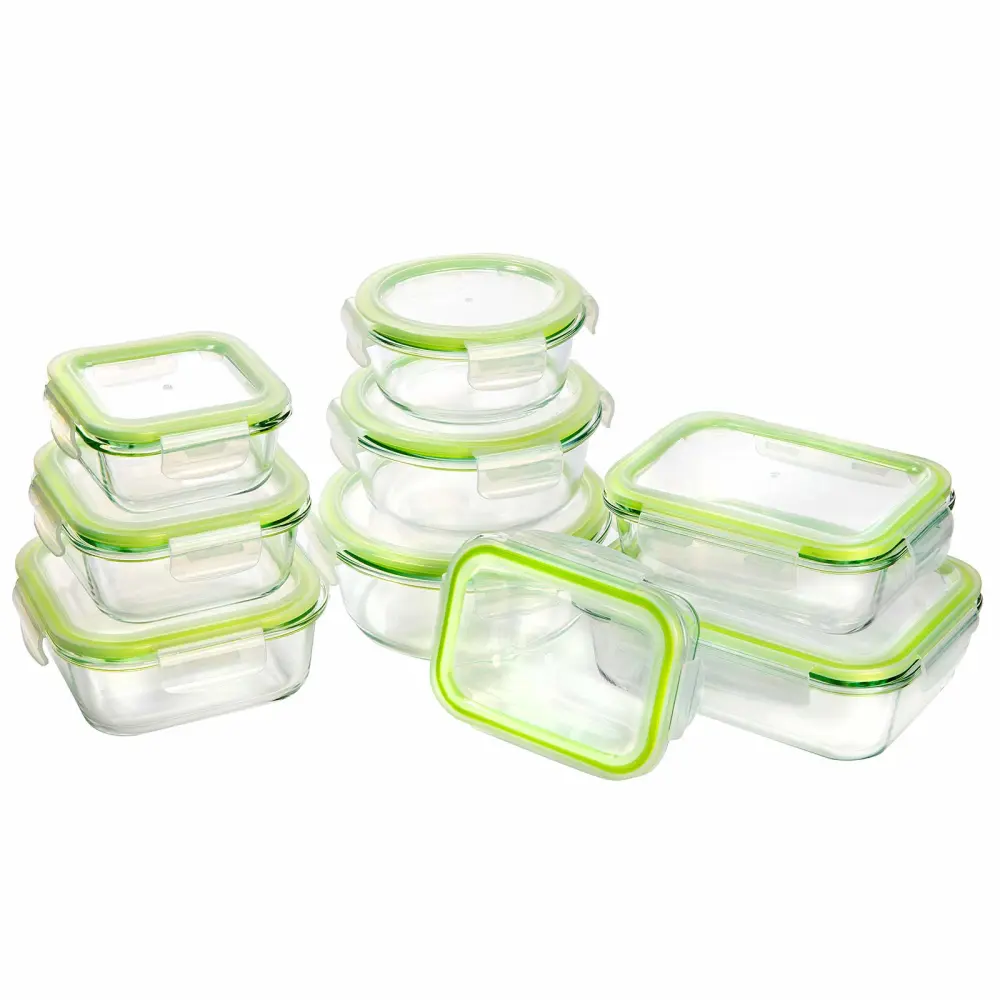 Bayco Glass Storage Containers with Lids, 9 Sets Glass Meal Prep Containers Airtight, Glass Food Storage Containers, Glass Containers for Food Storage with Lids - BPA-Free & Leak Proof(Green)