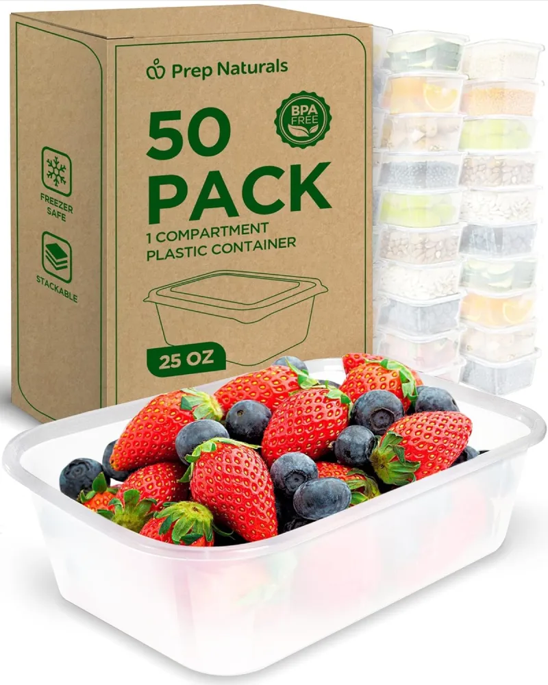 PrepNaturals 50 Pack Meal Prep Containers - 50 Pack of 25 Oz 100% BPA-free Plastic Food Storage Containers with Lids - Reusable Plastic Containers with Lids - Dishwasher Safe Lunch Containers