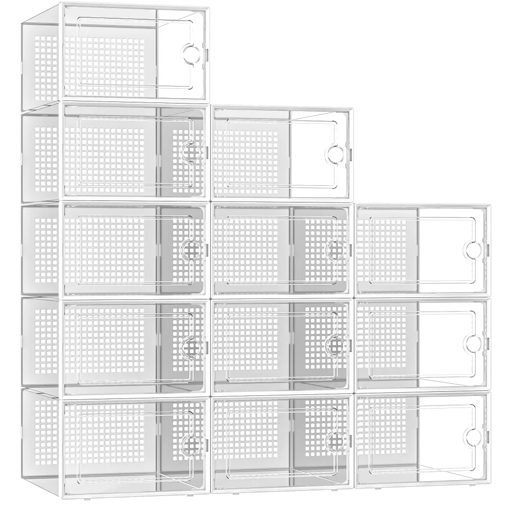 Kuject X-Large Shoe Storage Boxes Organizers Clear Plastic Stackable 12 Pack, Shoe Rack & Holder Substitute, Sneaker Containers, Toy Storage Organizer Bins for Entryway, Closet, Under Bed, White