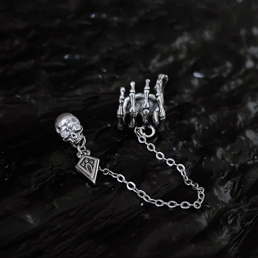 Single Silver Ghost Hand Skull Stud Earrings