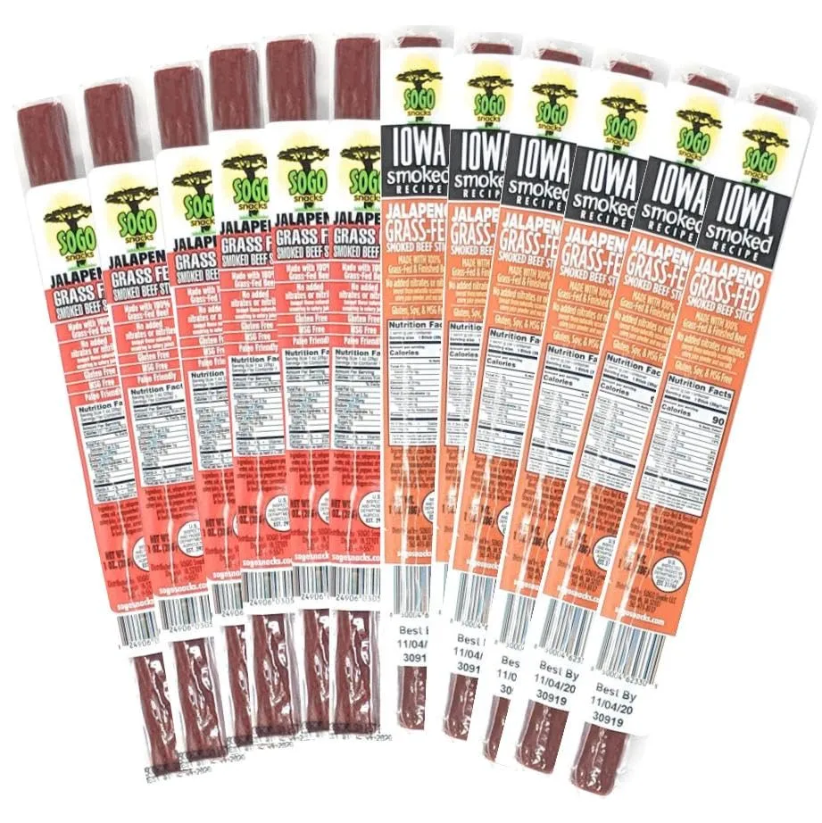 Jalapeño Variety, Sogo Snacks, No Sugar, 100% Grass-fed, Non-GMO Beef Sticks. No Nitrates, Gluten, Soy, MSG, Dairy or Nuts. Keto, Whole30, Paleo Friendly (72 Jalapeño, 72 IASM Jalapeño, 1-oz, 144-cnt)