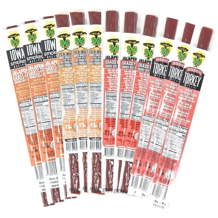 Spicy Variety Meat Sticks, Sogo Snacks, No Sugar, No Added Nitrates, Gluten, Soy, MSG, Dairy, Nuts. 3 100% Grass-fed/finished, Non-GMO, Beef Flavors. 1 Free-Range Turkey Flavor (3 of Each, 12-cnt, 1-oz)