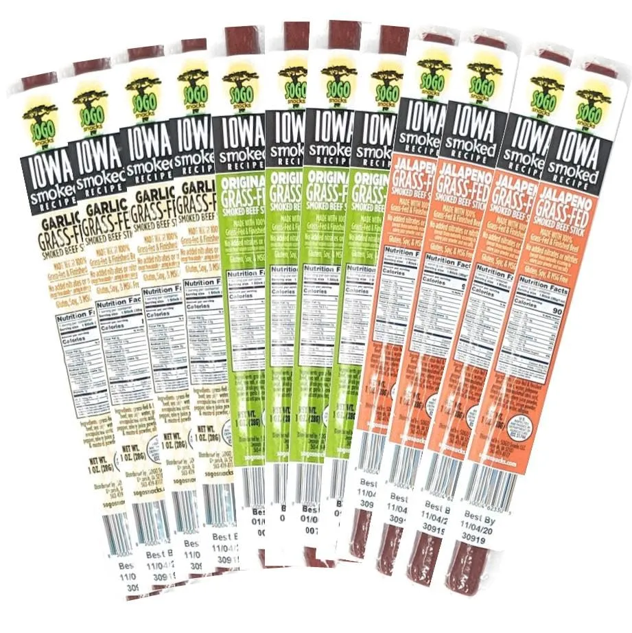 Beef Jerky Variety Pack, Iowa Smoked Recipe 3 Flavors, No Sugar, Non-GMO, 100% Grass Fed Beef Sticks. No Nitrates, Gluten, Soy, MSG, Dairy, or Nuts. Paleo, Whole30 and Keto Snack. Low Calorie High Protein Meat Stick (4 Original, 4 Garlic, 4 Jalapeño, 12 Cnt) - Sogo Snacks