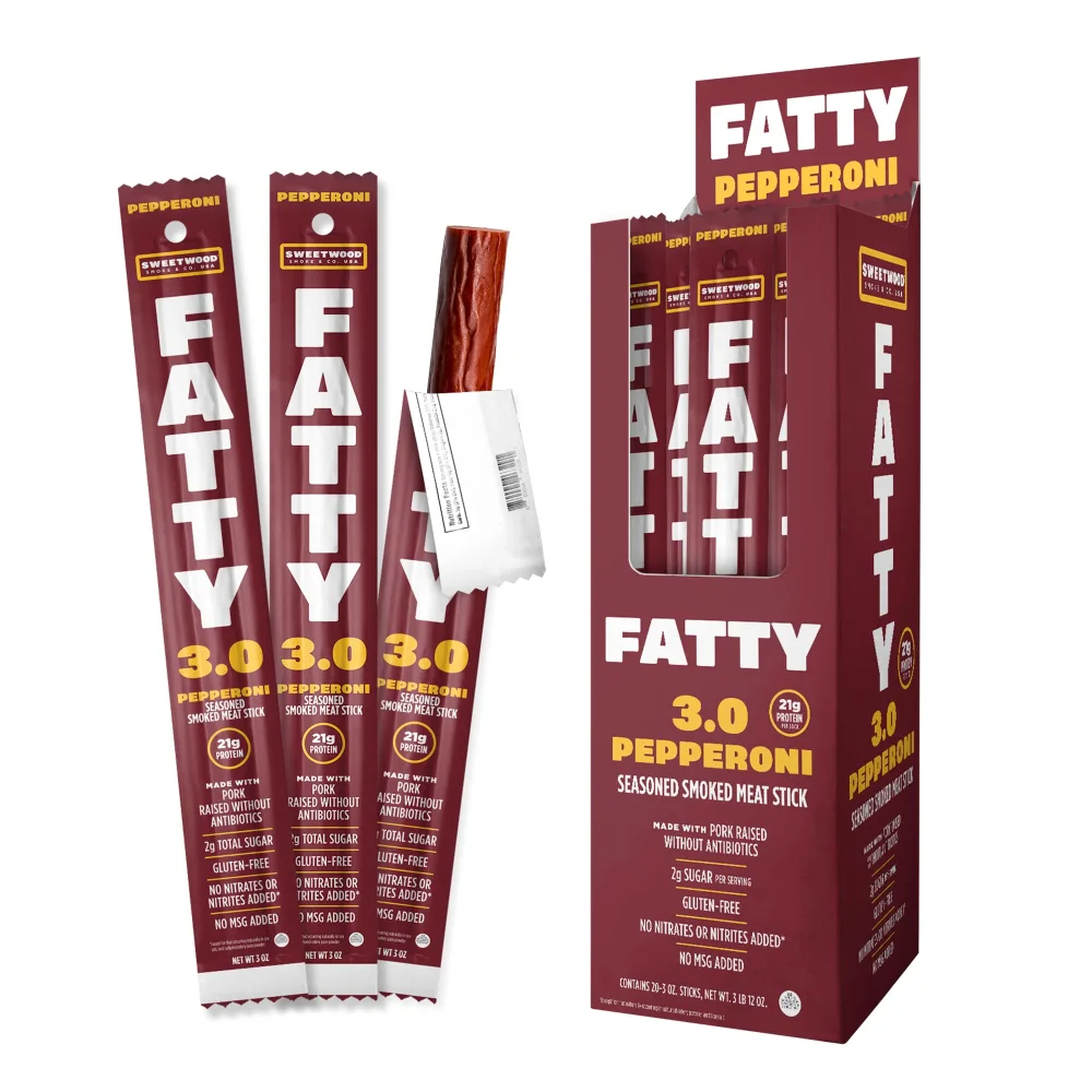 FATTY Beef Jerky Sticks - Pepperoni 20 Pack - Extra Large Grass Fed Beef & Antibiotic Free Pork - 3oz - Gluten Free Keto Snack