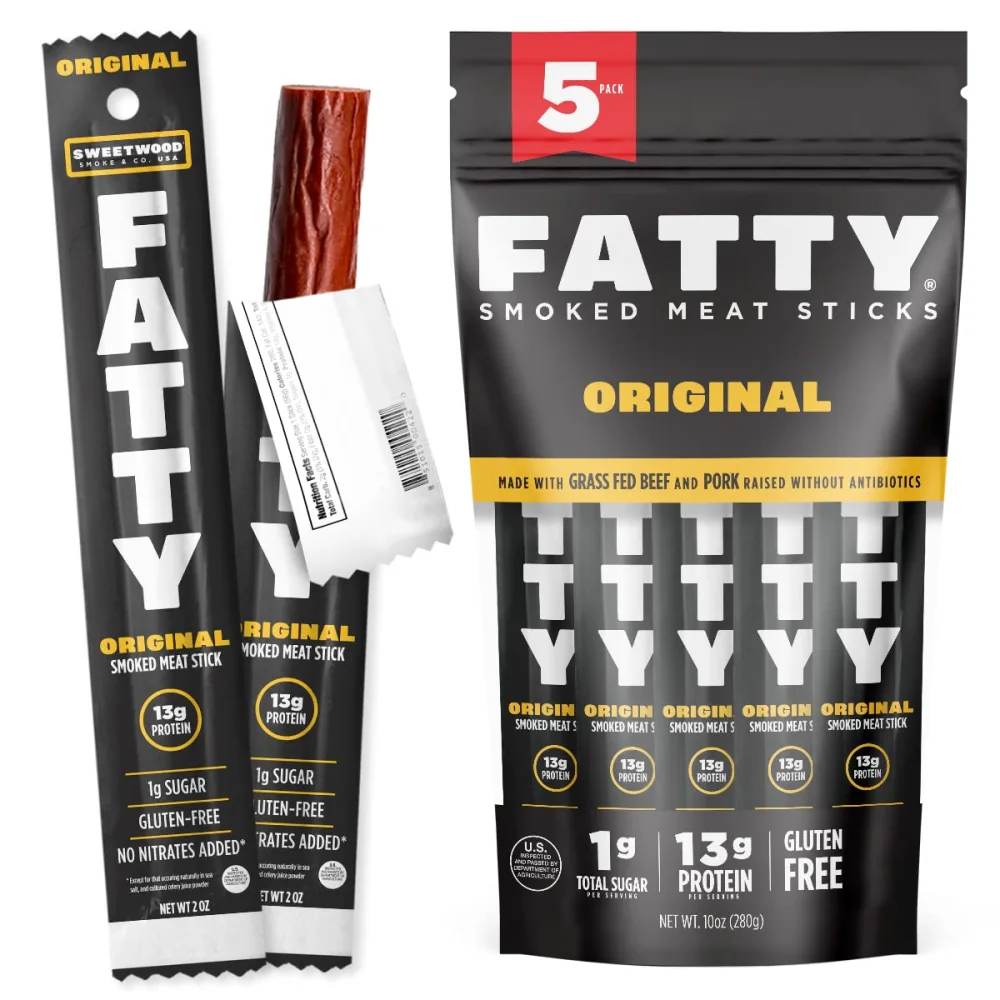 American Made Sweetwood Smokehouse FATTY Beef Jerky Sticks - 5 Pack - Extra Large Grass Fed Beef & Antibiotic Free Pork - Gluten Free (Original, 2 Ounce (5 Pack)), Brown