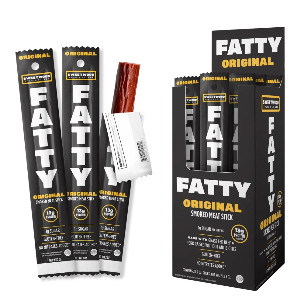 FATTY Beef Jerky Sticks - Original 20 Pack - Extra Large Grass Fed Beef & Antibiotic Free Pork - Gluten Free Keto Snack, 2 Ounce (Pack of 20)