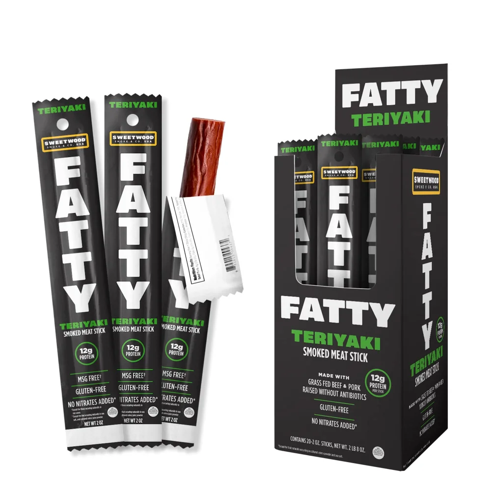 FATTY Beef Jerky Sticks - Teriyaki 20 Pack - Extra Large Grass Fed Beef & Antibiotic Free Pork - 2oz - Gluten Free