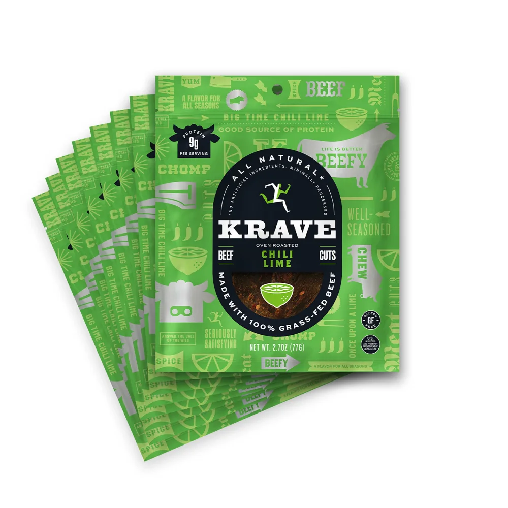 KRAVE All Natural Beef Jerky, Chili Lime - Protein Packed Snacks Roasted for Maximum Flavor - 100% Grass Fed Beef - Gluten Free - 2.7 Ounce (Pack of 8)