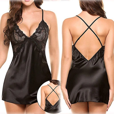 Sexy Ice Silk Back Cross Slip Nightdress Sexy Suit