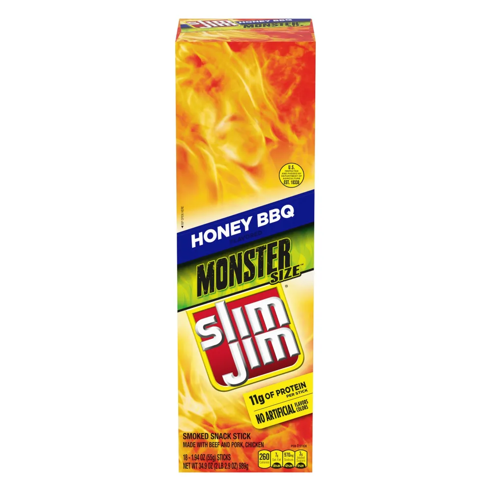 Slim Jim Monster Smoked Meat Sticks, Honey BBQ Flavor, 11g Protein Per Stick, 1.94 oz. (18 Count)