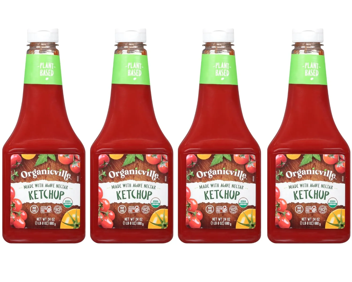 Organicville Organic Ketchup - Tomato Ketchup, Gluten Free, Non-GMO, Vegan, USDA Organic, Made with Agave Nectar, Plant-Based Ketchup, Squeeze Bottle - 24 Oz, 4-Pack