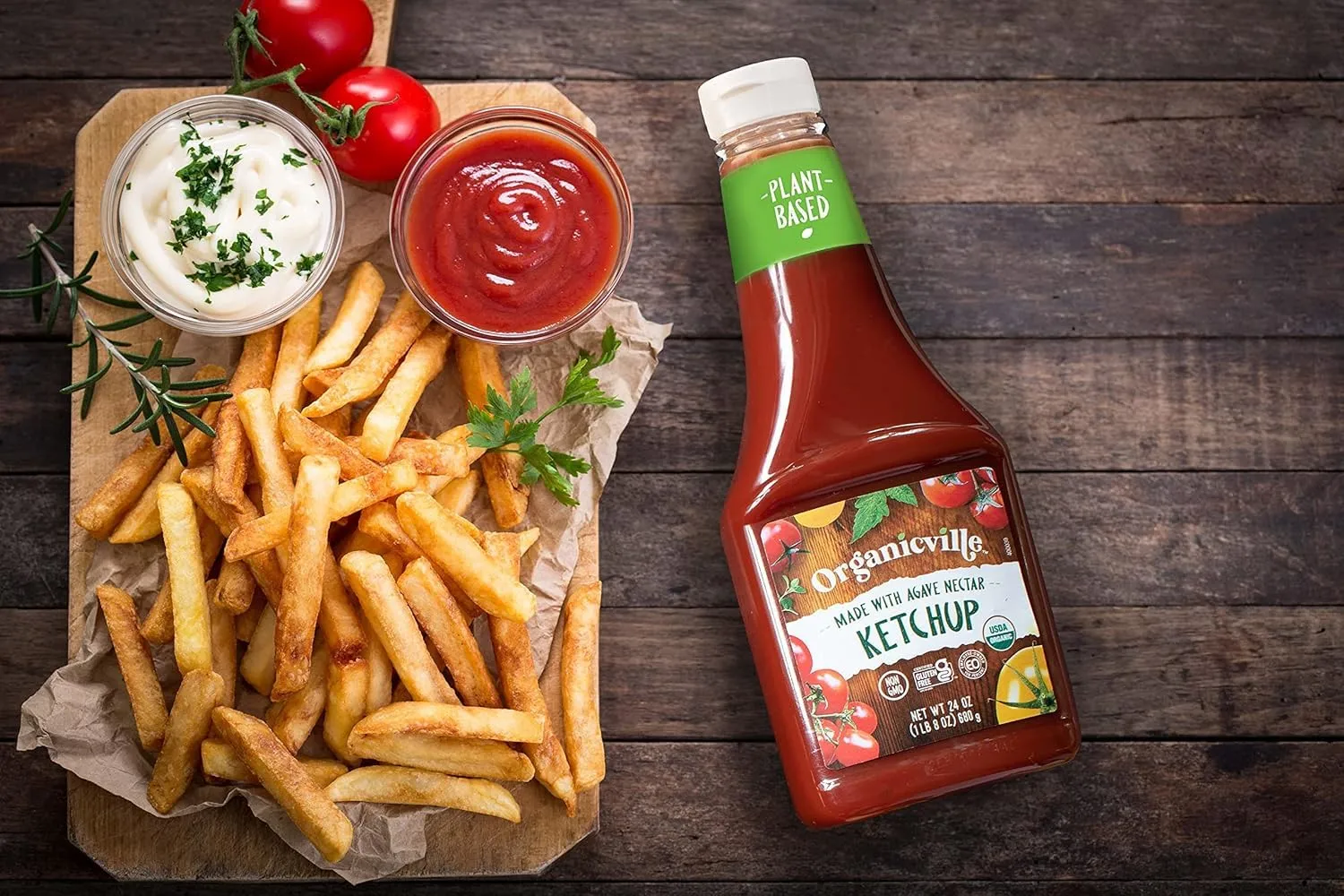 Organicville Organic Ketchup - Tomato Ketchup, Gluten Free, Non-GMO, Vegan, USDA Organic, Made with Agave Nectar, Plant-Based Ketchup, Squeeze Bottle - 24 Oz, 4-Pack