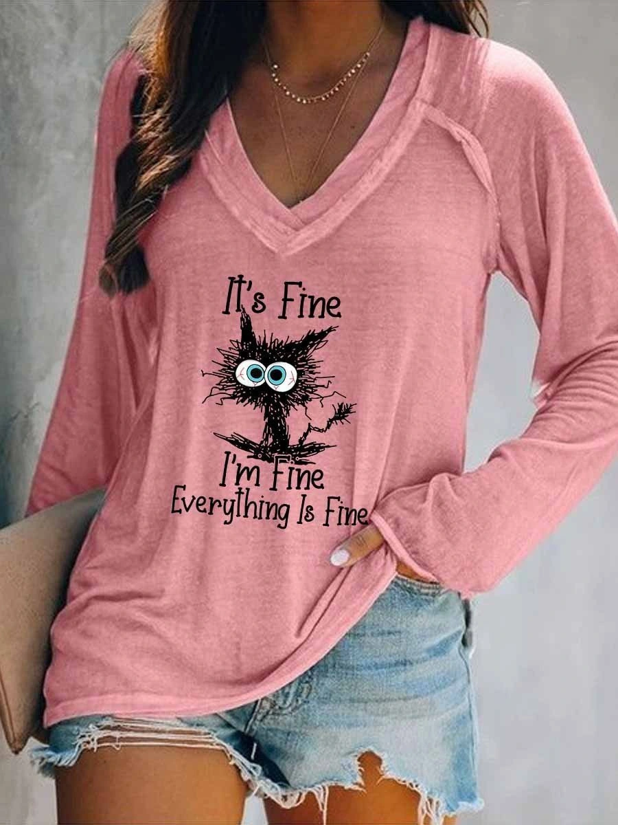 Large Women's Loose Clover Print V-neck Pullover
