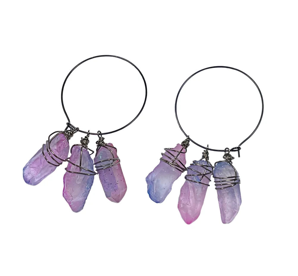 Colorful Quartz Wire Wrapped Boho and Modern Style Hoop Earrings (Gunmetal and Black Big Boho Hoop, Pink Hombre)