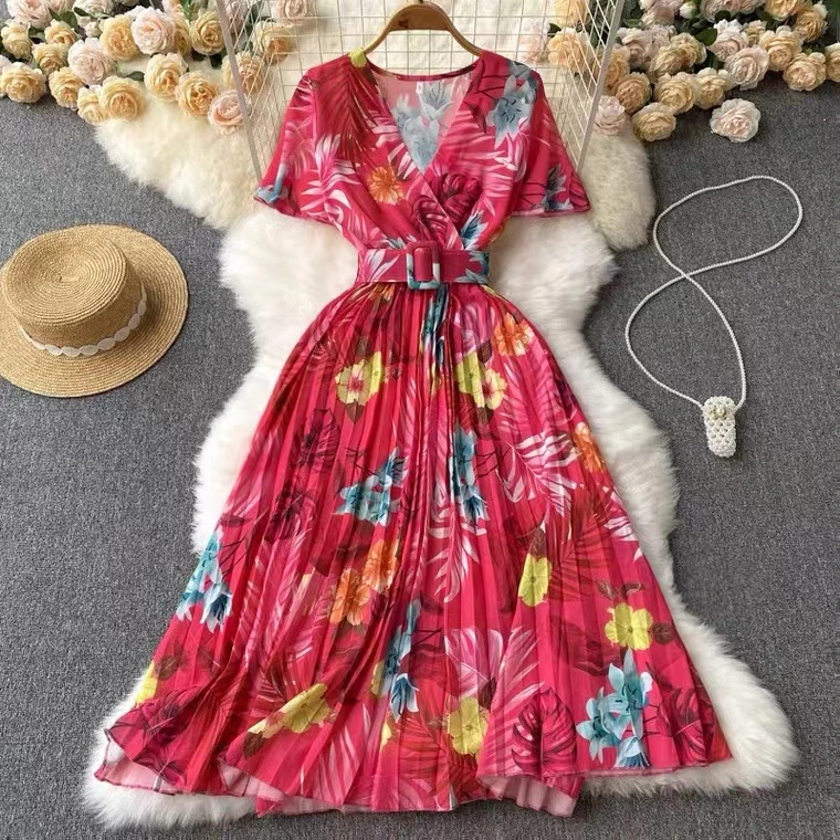 Women's Floral V-neck Waistband Tied Pleated Dress