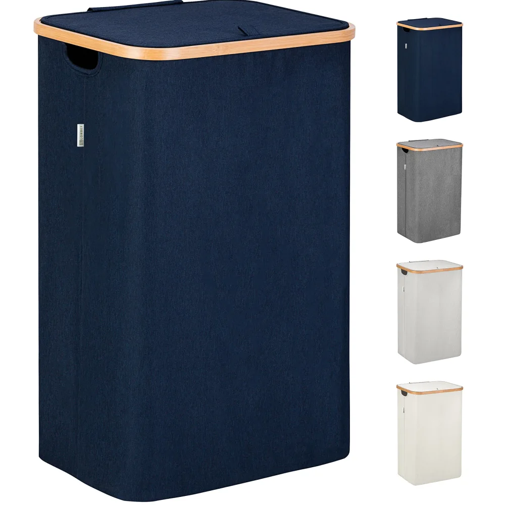 Lonbet - Laundry Hamper with Lid Cover - Sturdy Tall Bamboo Laundry Basket Clothes Organizer - Aesthetic Bedroom Fabric Bin - Big Bathroom Dirty Clothes Hamper - Removable Bag - XL 100 Liters - Blue