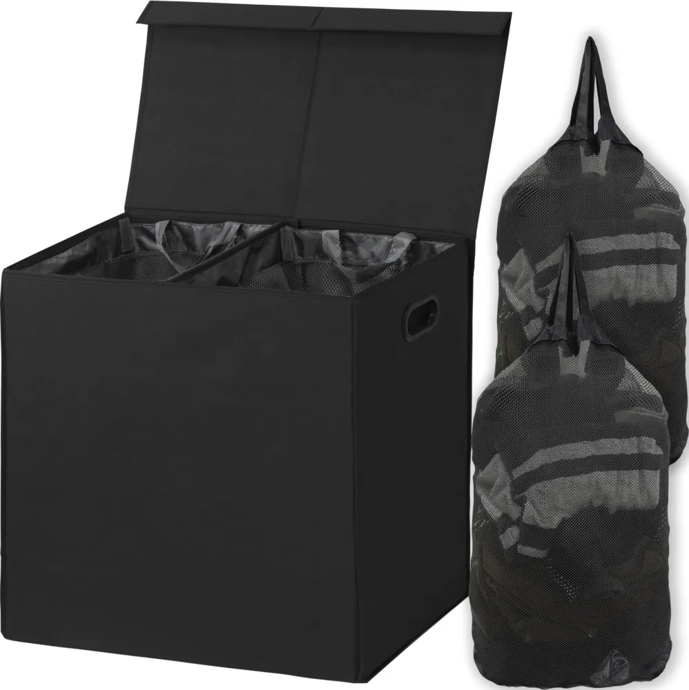 Simple Houseware Double Laundry Hamper with Lid and Removable Bags, Black