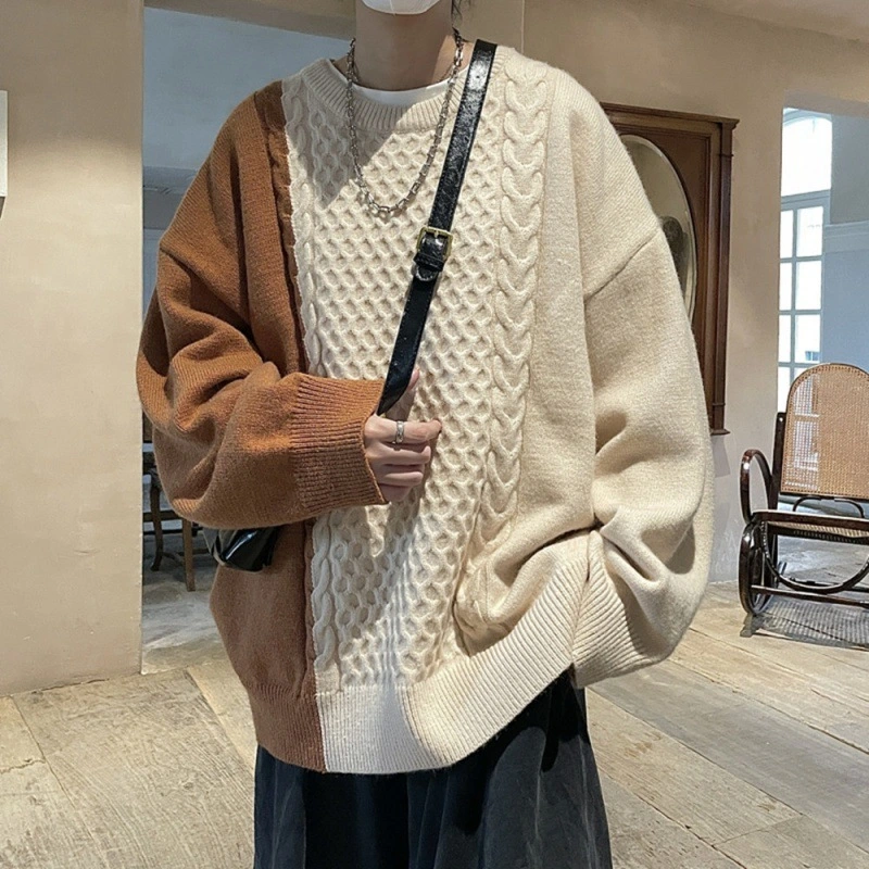 Mens Vintage Patchwork Clashing Twisted Crew Neck Jumper