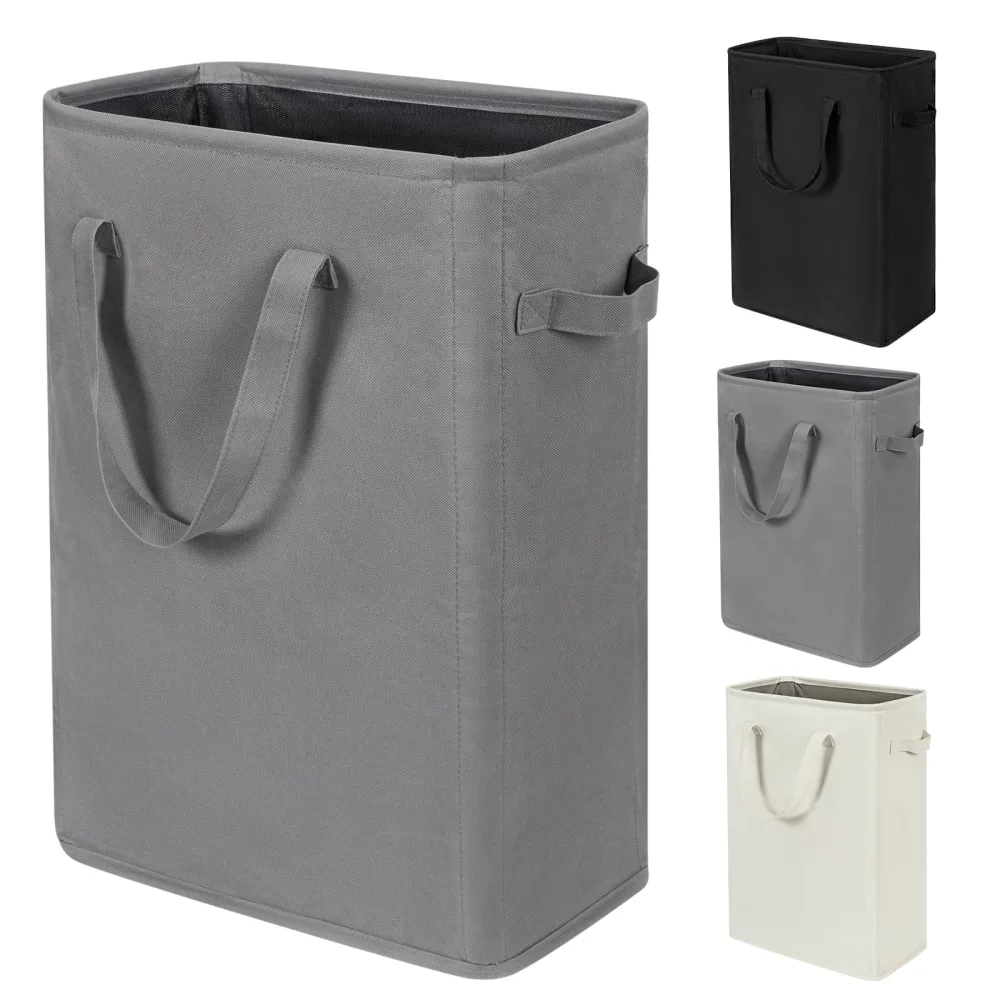 ZERO JET LAG Slim Laundry Hamper With Handles Collapsible Laundry Basket Thin Dirty Clothes Basket Narrow Laundry Bag Foldable Dirty Cloth Hamper 45L (21 inches,Grey)