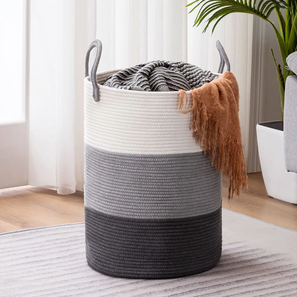 Woven Rope Laundry Hamper Basket, 58L Tall Luandry Basket, Baby Nursery Hamper for Blanket Storage, Clothes Hampers for Laundry in Bedroom-Large-Dark Grey