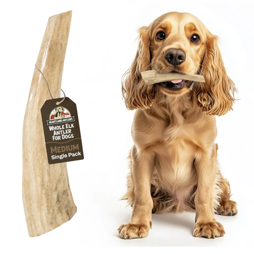 Heartland Elk Antlers for Dogs - Grade A, Naturally Shed Antlers | Dog Bones for Aggressive Chewers & Teething Puppies | All Breeds Chew Toy USA Made & Veteran Owned (Whole Elk: 5-6", Medium, 1-Pack)