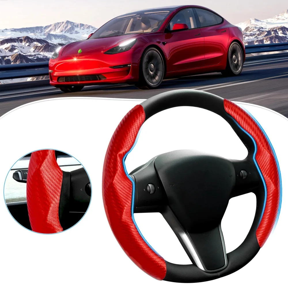 Custom-Fit Steering Wheel Cover for Tesla, Telsa Model 3 / Y Carbon Fiber Steering Wheel Cover for Men/Women, Anti-Slip, Comfortable Grip, Breathable, Model 3 / Y Accessories (Red)