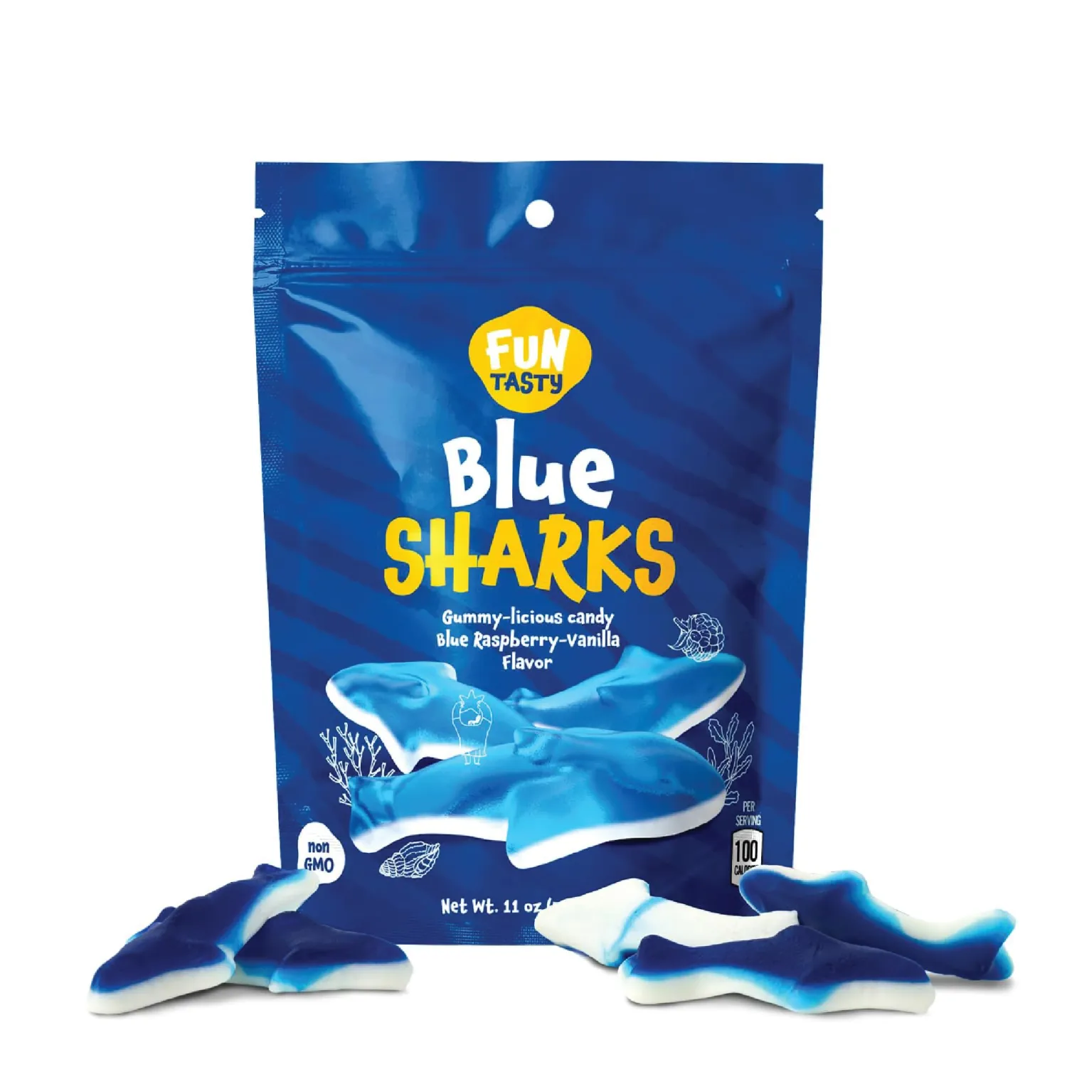 Funtasty Blue Sharks Gummy Candy - 11 Ounce Bag - Blue Raspberry Marshmallow Flavor