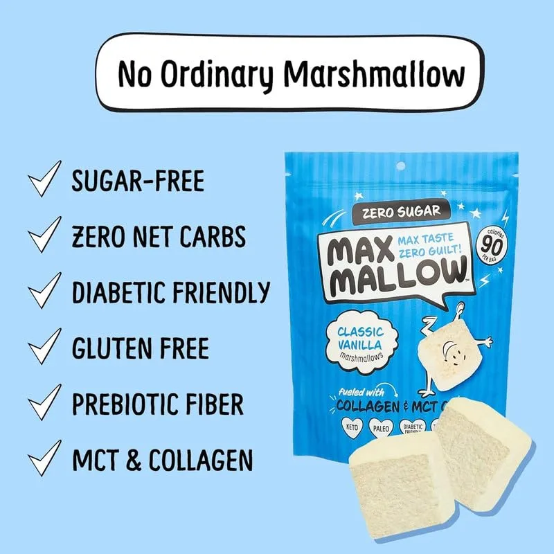 Max Mallow Sugar Free Marshmallows - Keto Friendly, Perfect for S'mores, Hot Chocolate, and Baking with Zero Sugar Snacks, Smores Mct Oil Zero Sugar Marshmellow Marshmallow Classic Vanilla, 3 Pack