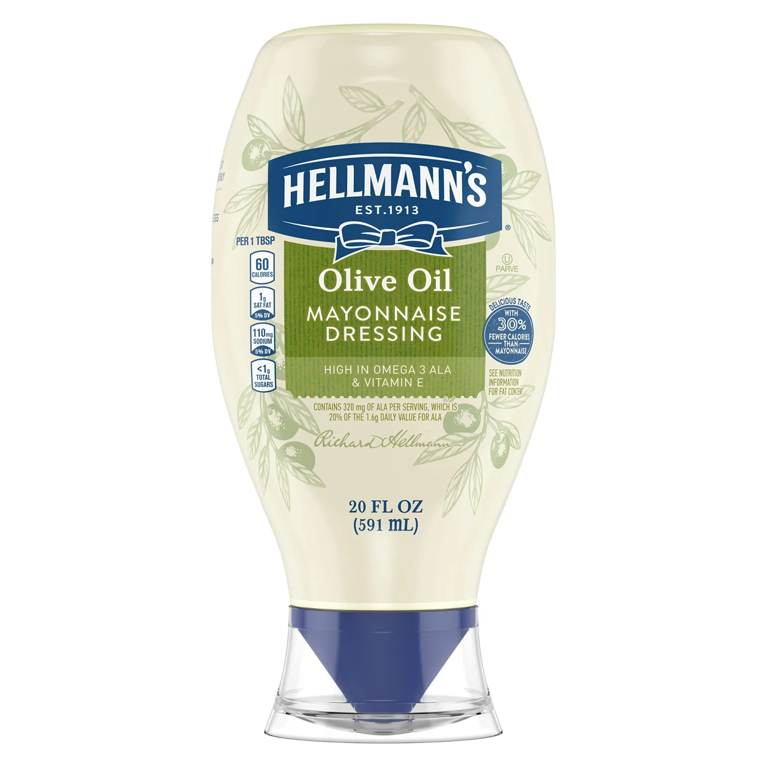 Hellmann's Mayonnaise Dressing with Olive Oil Squeeze Bottle Condiment for Simple Meals and Sandwiches Rich in Omega-3 ALA 20 oz