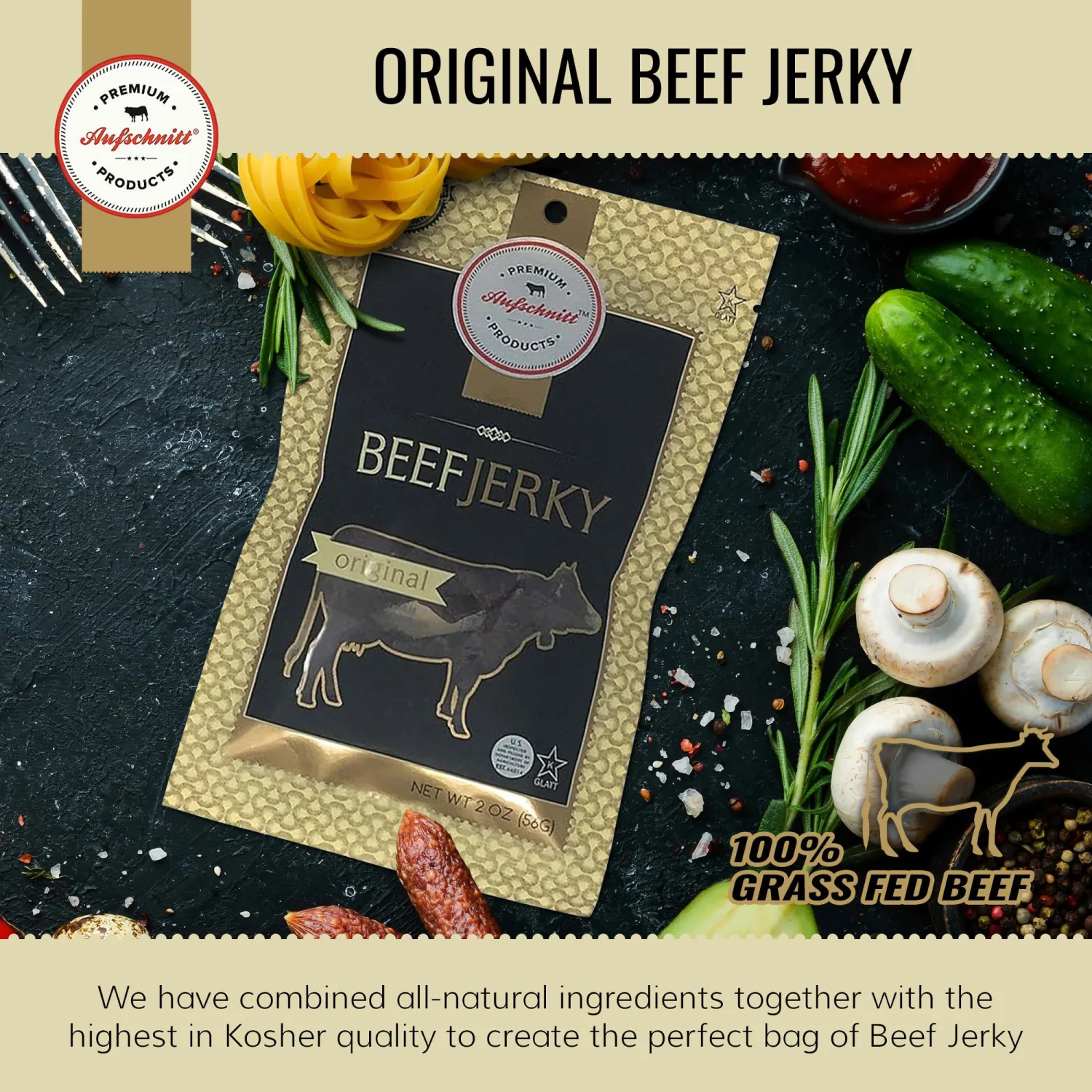 Aufschnitt Grass Fed Beef Jerky - Low Sodium, Certified Kosher - Made in USA - Keto & Halal Friendly - 2 Pack, Variety