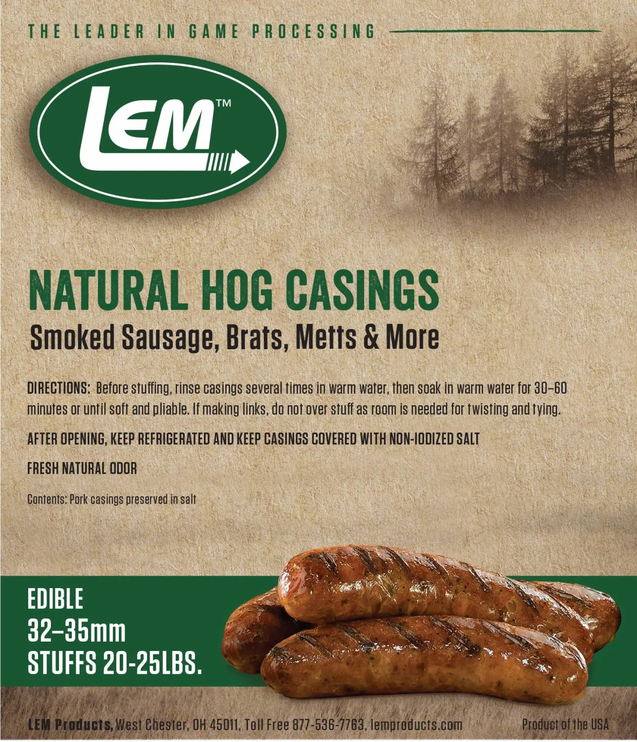 LEM Products Natural Hog Casings, 32-35mm, Edible Sausage Casings, Stuffs Approximately 30 Pounds, Great for Sausage Links, Franks, Metts, and More, 6.1 Ounce Package