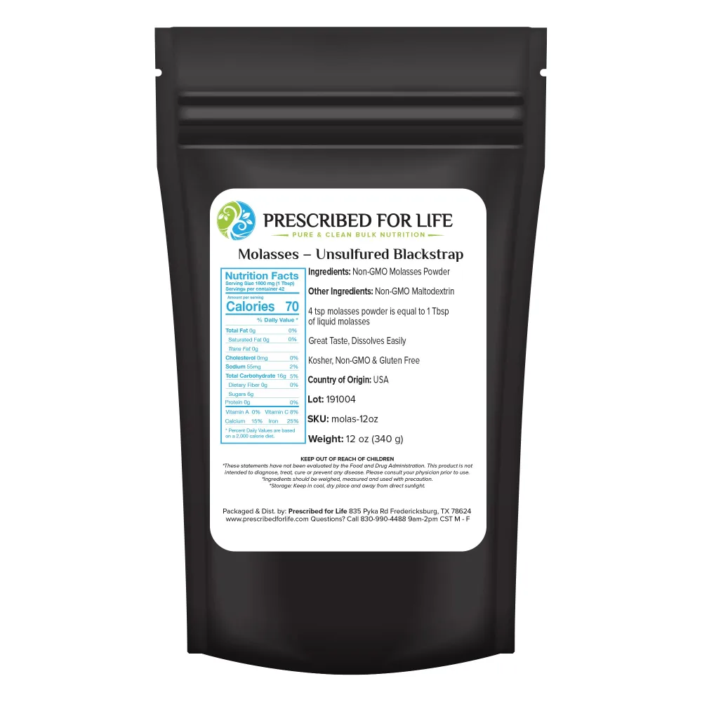 Prescribed for Life Molasses Powder, Natural Unsulfured Blackstrap Molasses, Rich in Iron, Vitamins, and Minerals, Gluten Free, Vegan, Non GMO (12oz / 340g)