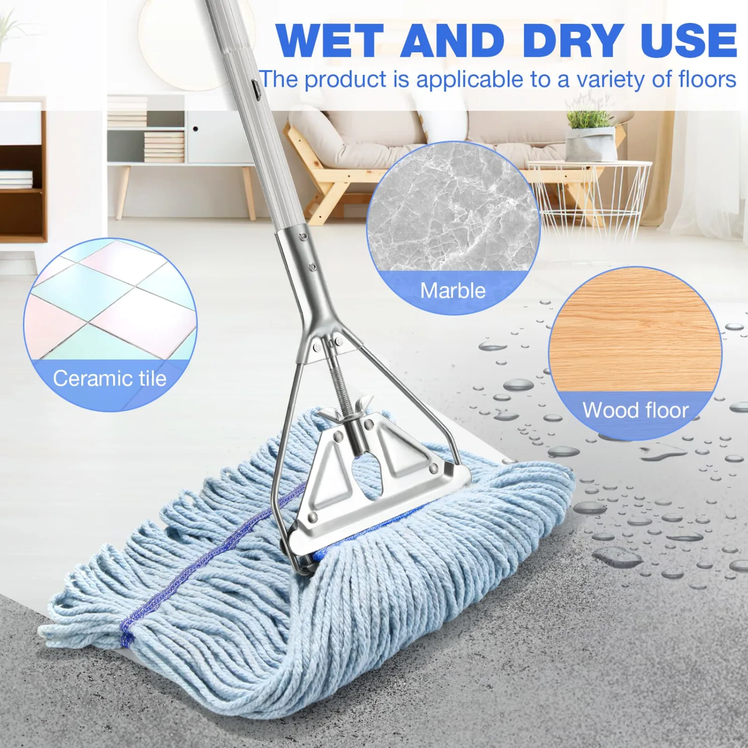 String Mop Heavy Duty for Floor Cleaning- Industrial Commercial Mop with 59inch Mop Handle, Wet Mop for Home,Garage,Office, Workshop, Warehouse Floor Cleaning