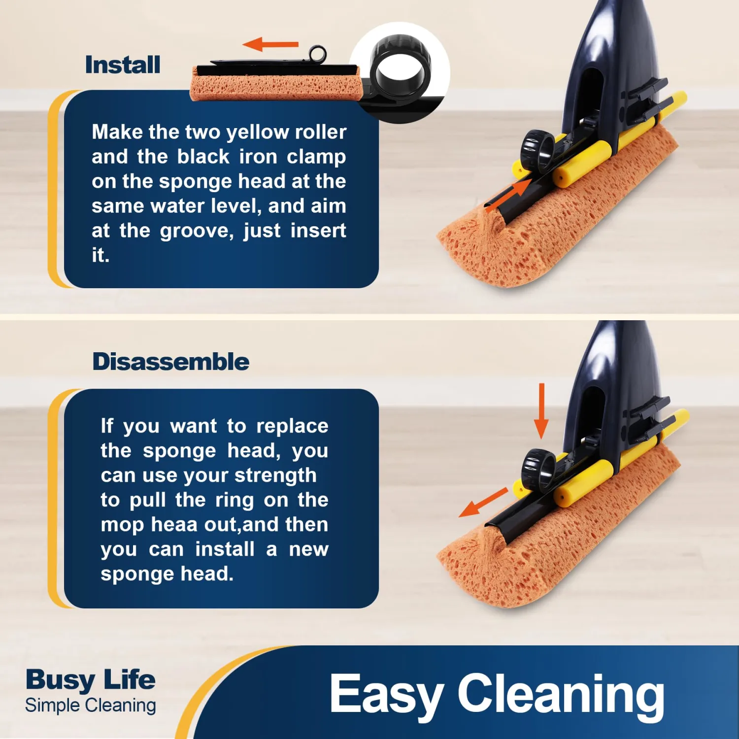 Yocada Sponge Mop Home Commercial Use Tile Floor Bathroom Garage Cleaning with Squeegee and Extendable Telescopic Long Handle 42-52 Inches Easily Dry Wringing