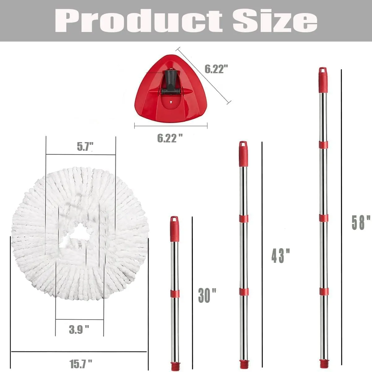 Spin Mop Replace Head, Base, Handle Compatible with O Cedar EasyWring Microfiber Spin Mop, 4 Mop Refills Replacement Heads, 30-58in Mop Handle and 1 Mop Base Combo Set (White (1-Tank System))