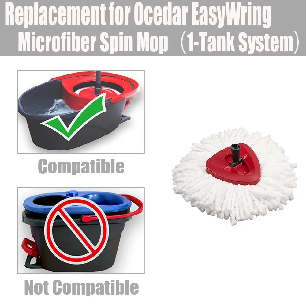 Spin Mop Replace Head, Base, Handle Compatible with O Cedar EasyWring Microfiber Spin Mop, 4 Mop Refills Replacement Heads, 30-58in Mop Handle and 1 Mop Base Combo Set (White (1-Tank System))