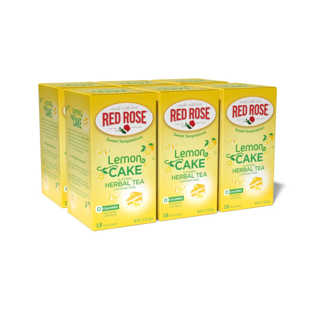 Red Rose Sweet Temptations Dessert Tea Lemon Cake, Zero Carbs, Zero Sugar Bursting with Flavor Caffeine-Free Delicious Beverage Herbal Tea, 18 Count Pack of 6 Fruit Naturally Flavored Herbal Tea