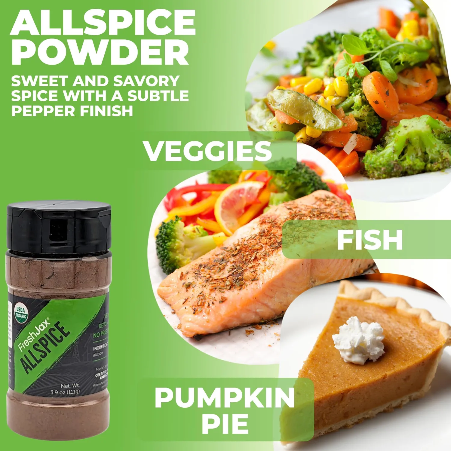 FreshJax Organic Allspice Powder (3.9 oz Large Bottle) Non GMO, Gluten Free, Keto, Paleo, No Preservatives Ground Allspice | Handcrafted in Jacksonville, Florida