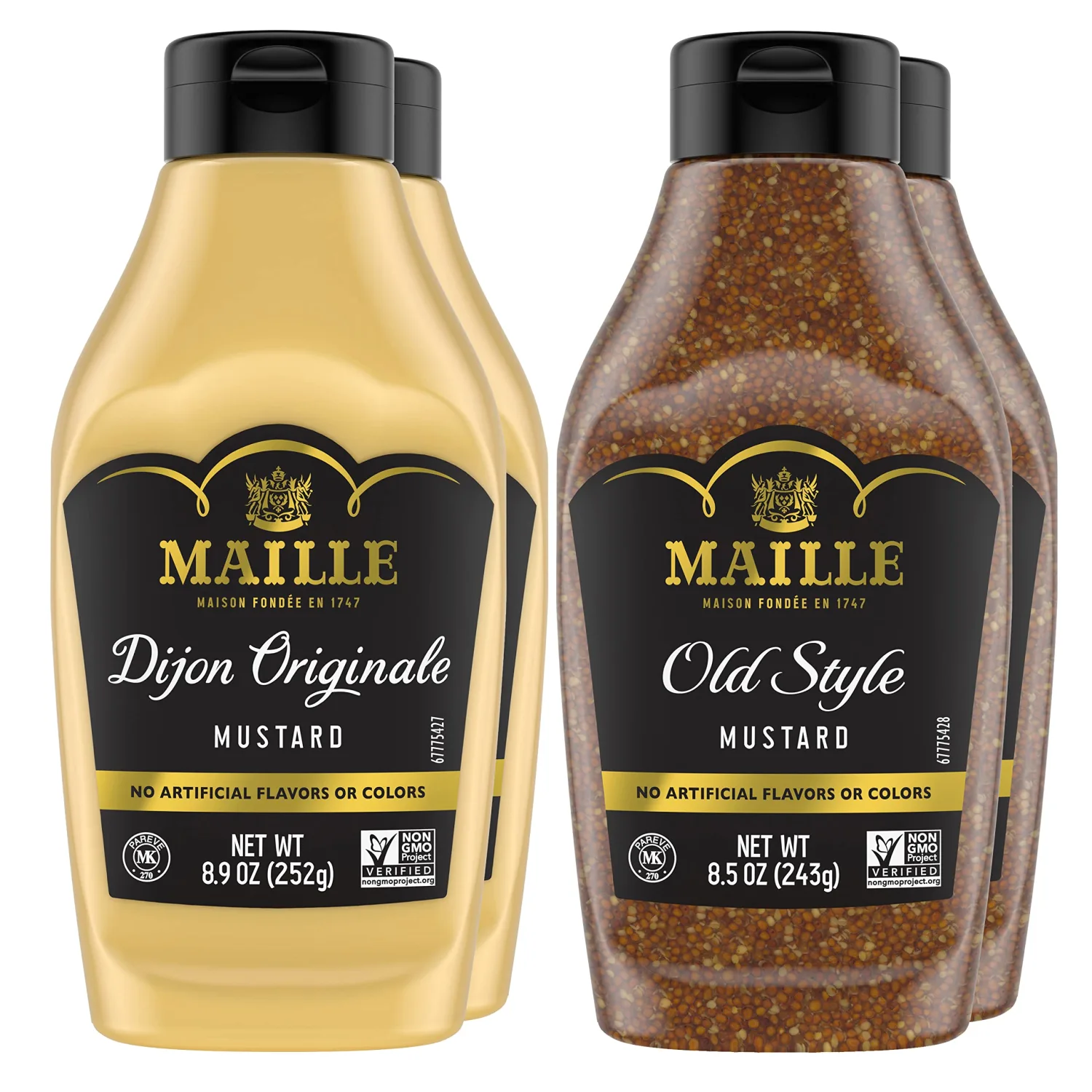 Maille Dijon Mustard 4 count Squeeze Condiment Variety Pack Dijon Originale & Old Style Non-GMO, Kosher 8.5 oz