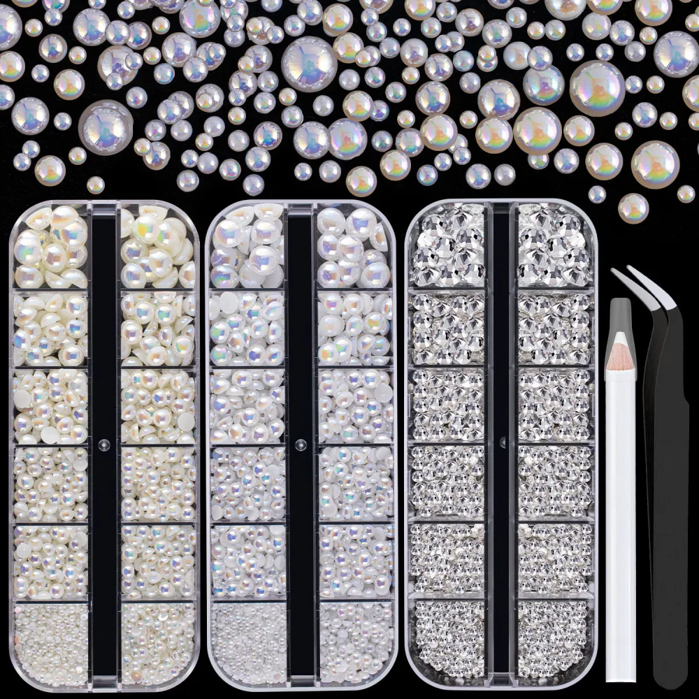 4000PCS Flatback Rhinestones and Half Round Pearls Kit #16, Multi Size Glass Clear Crystals, Plastic Flat Back White AB & Beige AB Dome Bead with Pickup Pencil and Tweezer for Nail Art