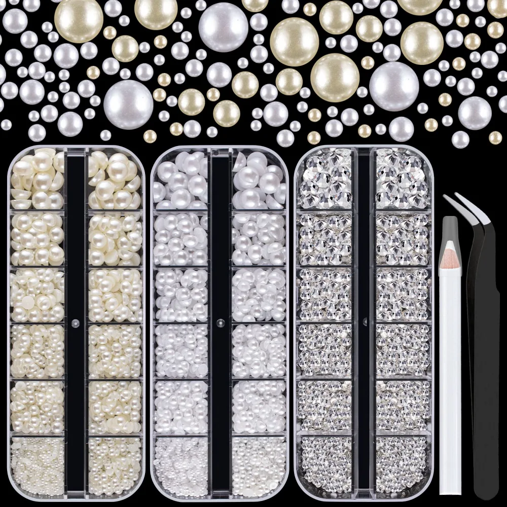 4000PCS Flatback Rhinestones and Half Round Pearls Kit #24, Multi Size Glass Clear Crystals, Plastic Flat Back White & Beige Dome Bead with Pickup Pencil and Tweezer for Nail Art