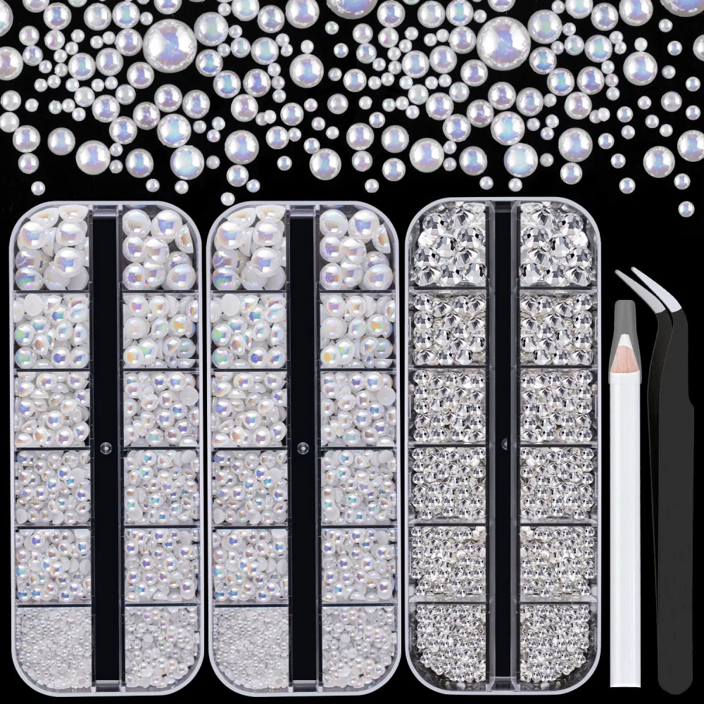 4000PCS Flatback Rhinestones and Half Round Pearls Kit #17, Multi Size Glass Clear Crystals, Plastic Flat Back White AB Dome Bead with Pickup Pencil and Tweezer for Nail Art