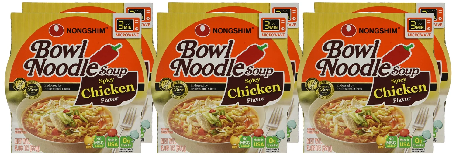 Nongshim Spicy Chicken Noodle Soup Bowl Soup Mix, 6 Pack, Korean-Style Ramen Noodle Instant Soup, Microwaveable