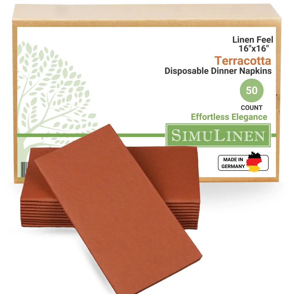 SimuLinen Terracotta Dinner Napkins Paper Disposable – Burnt Orange Thanksgiving Paper Napkins with Linen-Feel, Cloth-Like Fall Napkins Pumpkin Spice for Bathroom Guest Handtowel – 16”x16” Box of 50